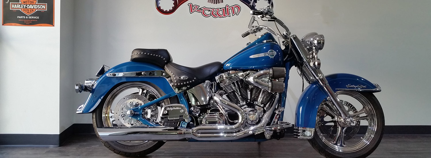 A blue color Harley Davidson motorbike